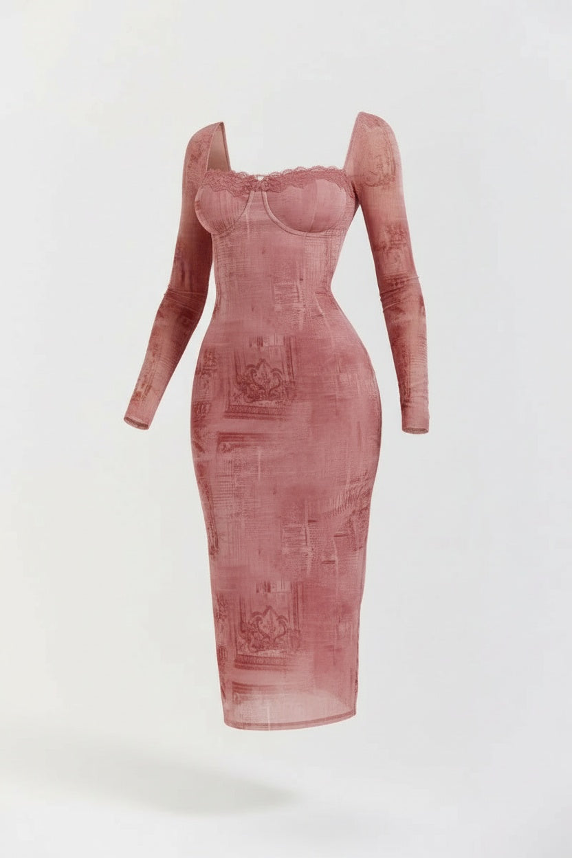 Piper Pink Dress – Retro-Inspired Fitted Silhouette with Long Sleeves