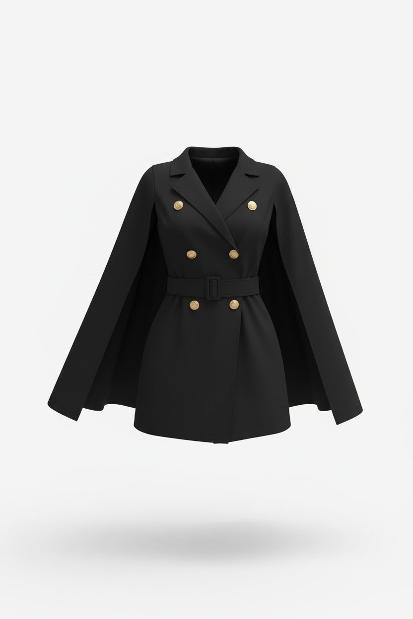 Blazer Mini Dress with Belt – Double-Breasted Design and Caped Sleeves