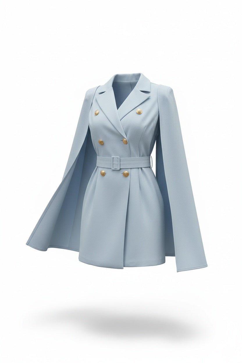 Blazer Mini Dress with Belt – Double-Breasted Design and Caped Sleeves