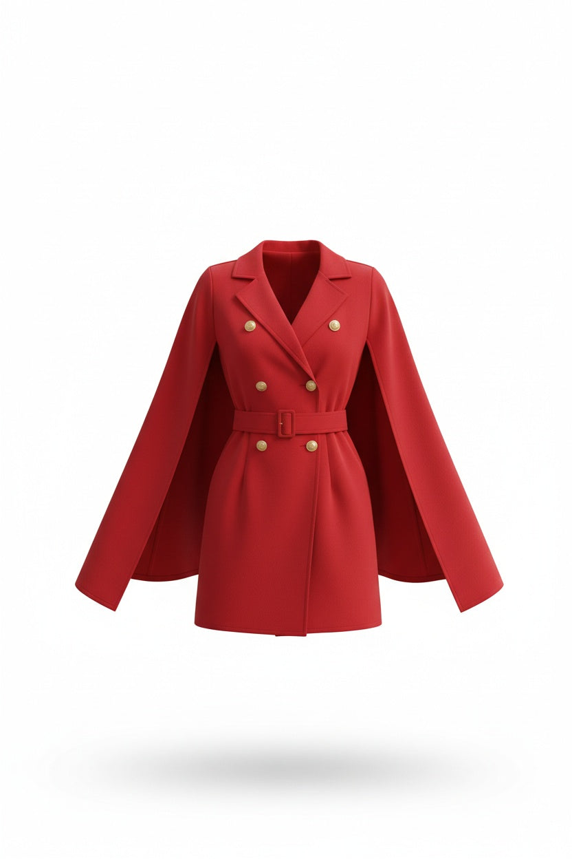 Blazer Mini Dress with Belt – Double-Breasted Design and Caped Sleeves