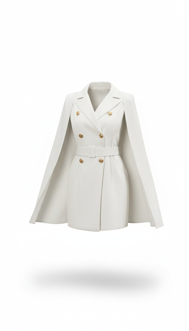 Blazer Mini Dress with Belt – Double-Breasted Design and Caped Sleeves
