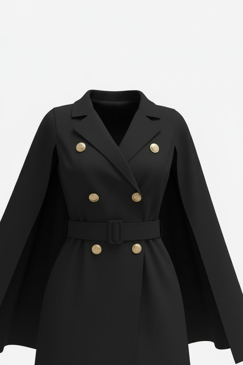 Blazer Mini Dress with Belt – Double-Breasted Design and Caped Sleeves