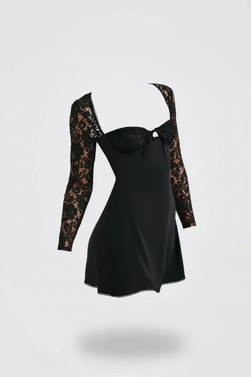 Lace Sleeve Bodycon Mini Dress – Structured Bodice and Square Neckline