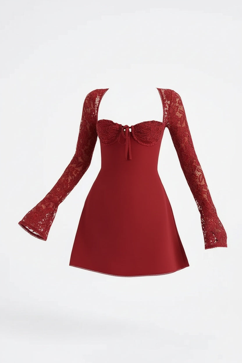 Lace Sleeve Bodycon Mini Dress – Structured Bodice and Square Neckline