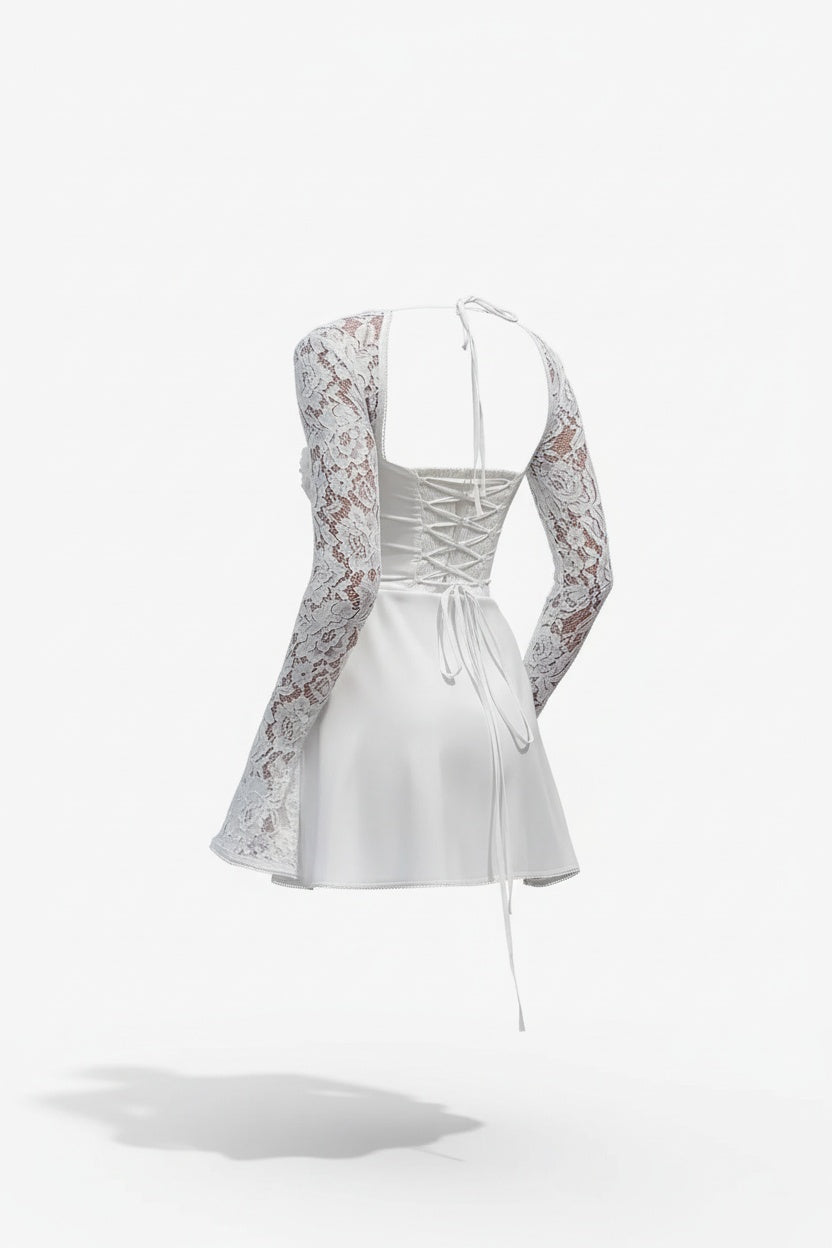 Lace Sleeve Bodycon Mini Dress – Structured Bodice and Square Neckline