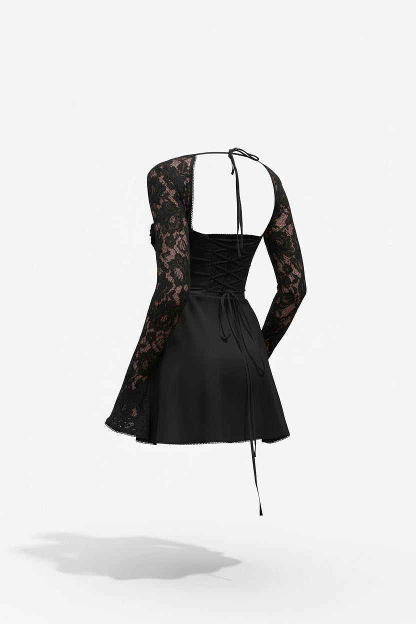Lace Sleeve Bodycon Mini Dress – Structured Bodice and Square Neckline
