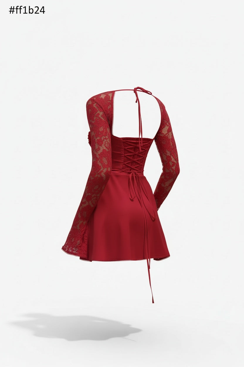 Lace Sleeve Bodycon Mini Dress – Structured Bodice and Square Neckline