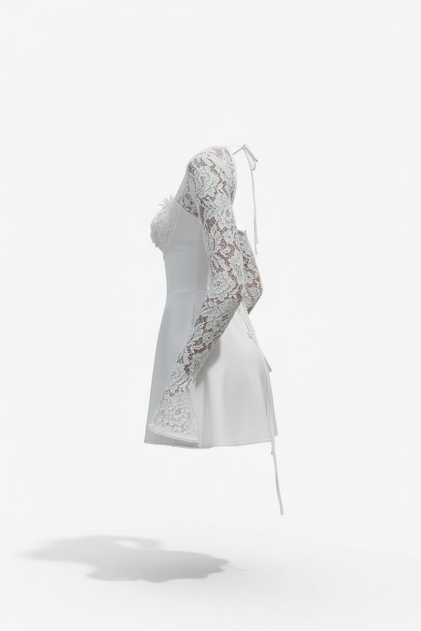 Lace Sleeve Bodycon Mini Dress – Structured Bodice and Square Neckline