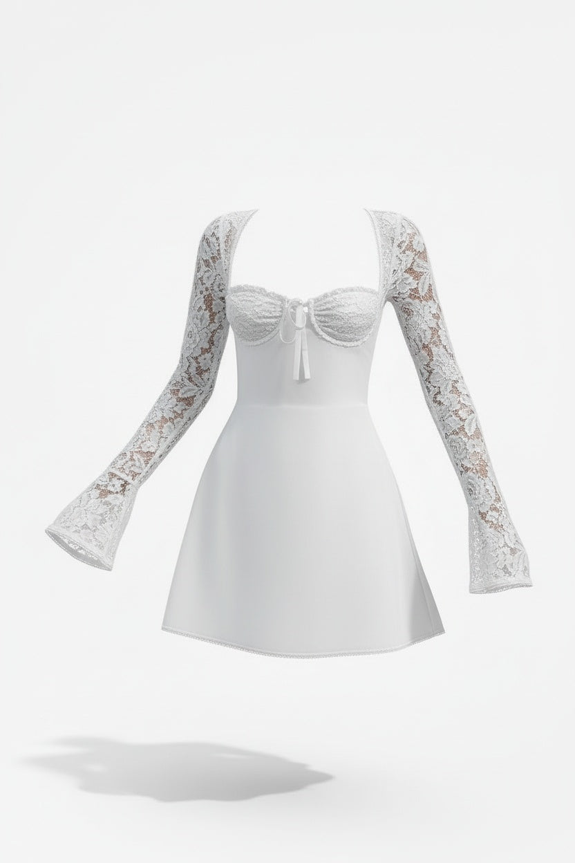 Lace Sleeve Bodycon Mini Dress – Structured Bodice and Square Neckline